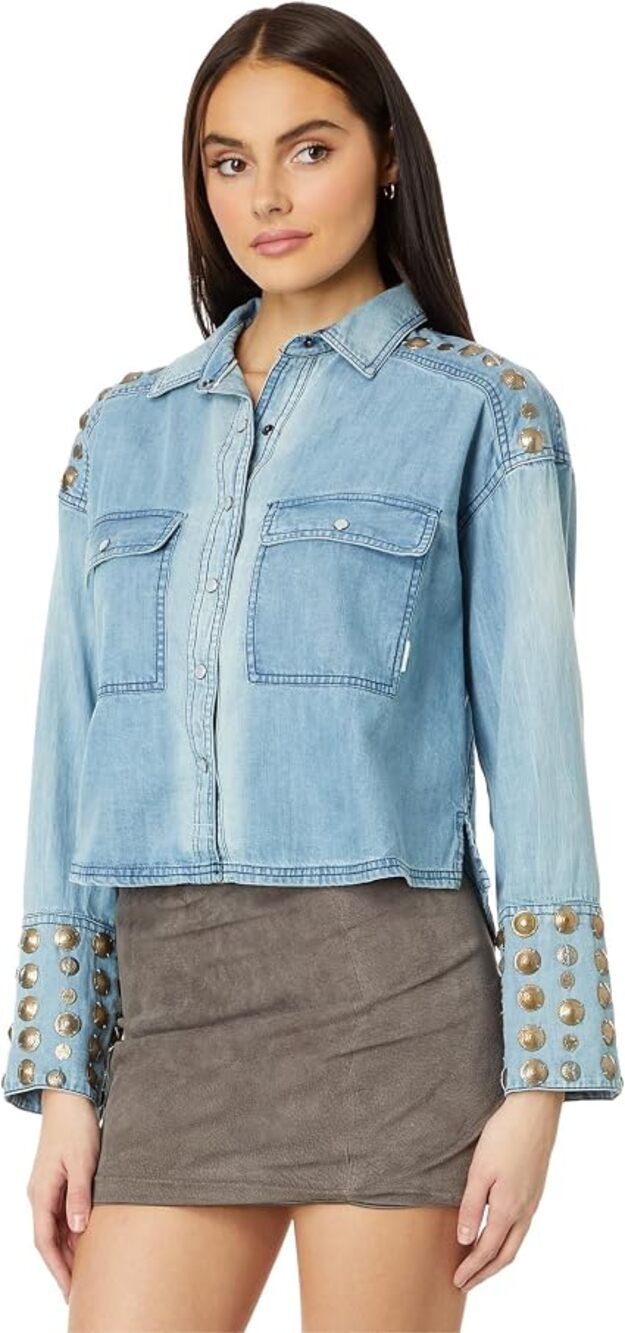 NEW Free People We The Free Austin Jean Jacket Blue Studded Button Up Denim M - Picture 1 of 5